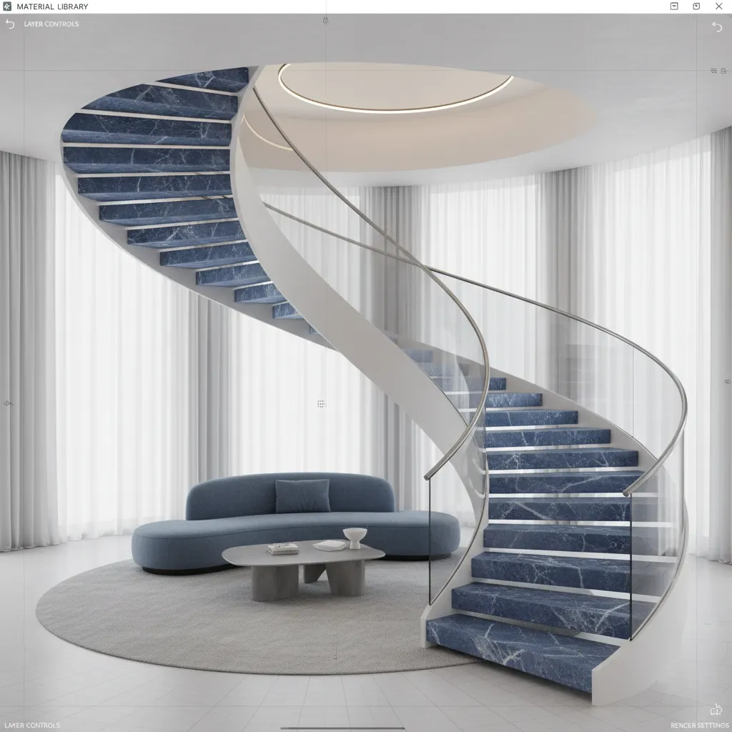 Visualización digital de diseño de escalera interior con mármol azul