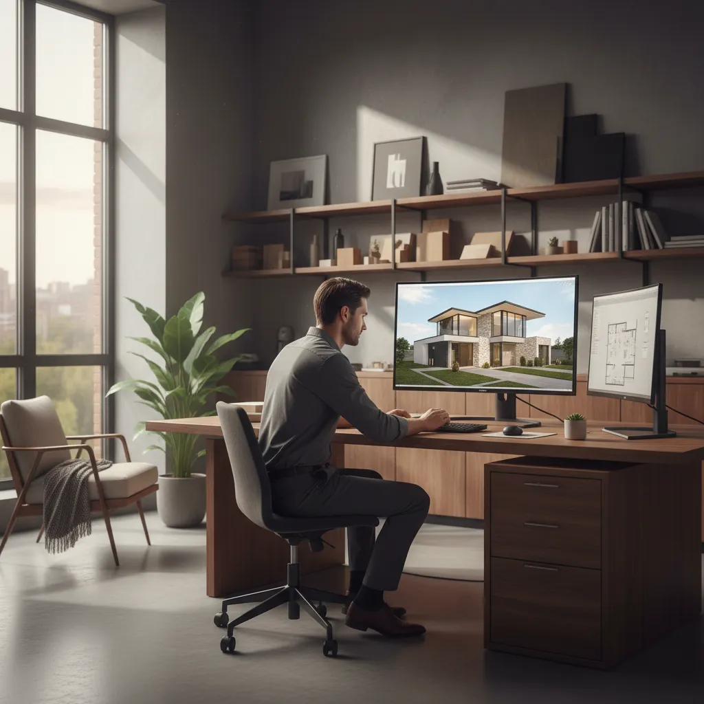 Visualización 3D de diseño de fachada residencial moderna