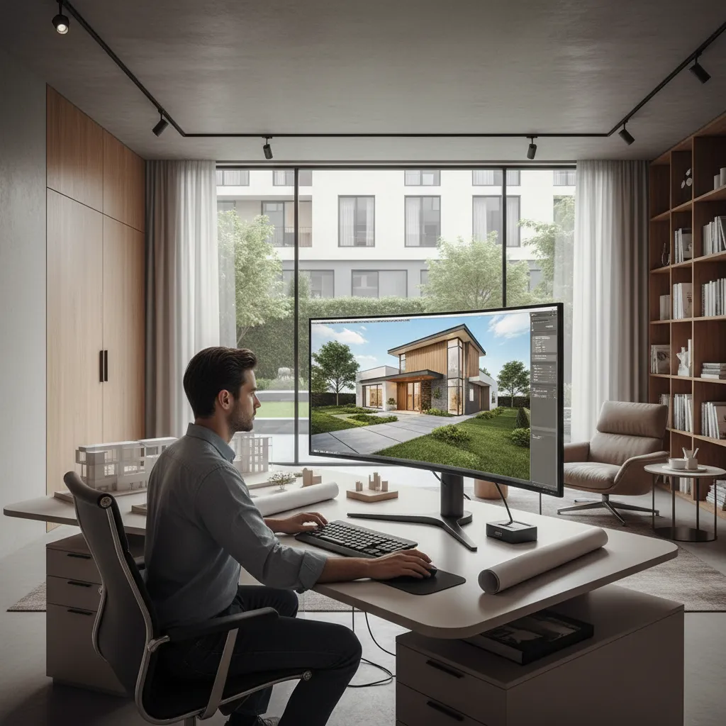Designer at desk creating modern house interior design drawing on curved monitor in minimalist office