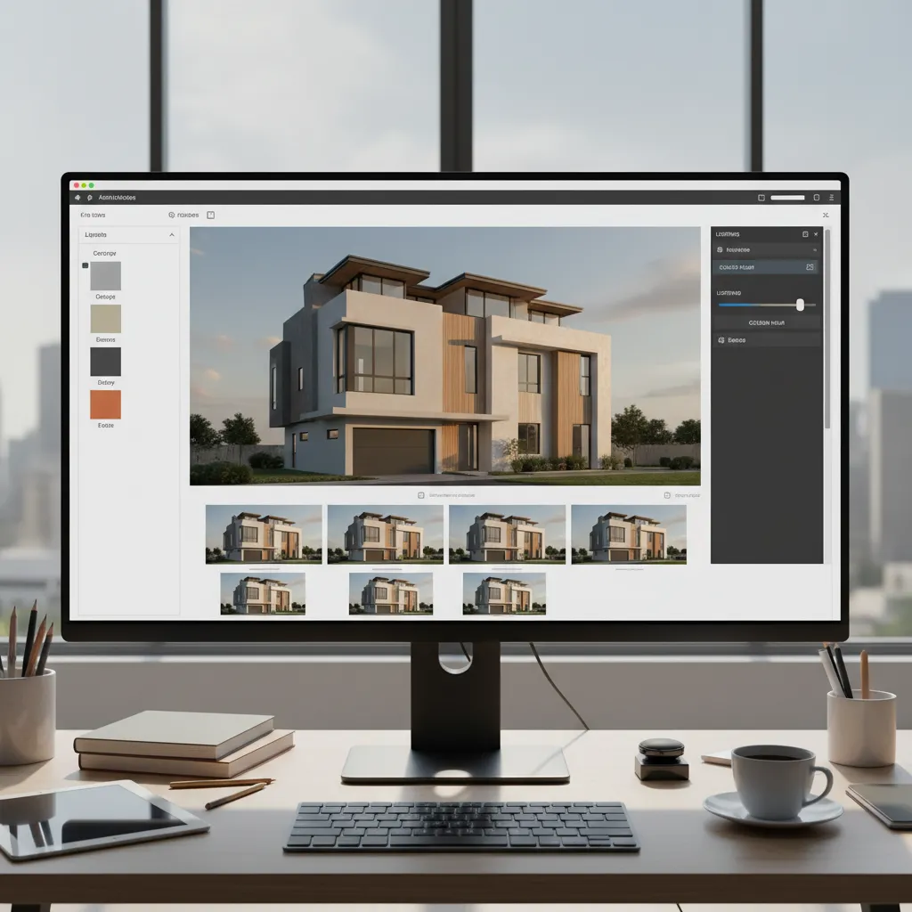 Computer monitor showing home design software with a modern white and wood house design plan