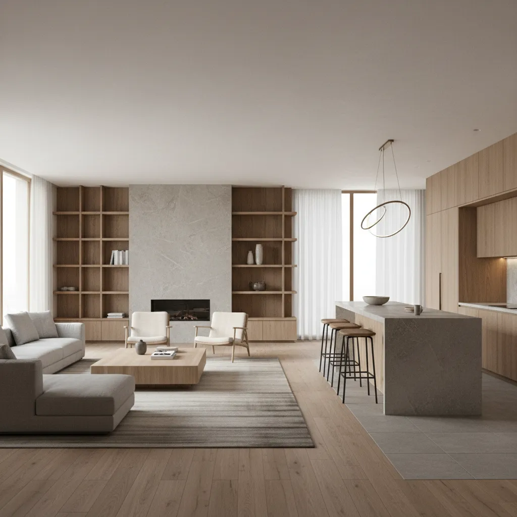 Render de diseño interior moderno con salón y cocina abierta