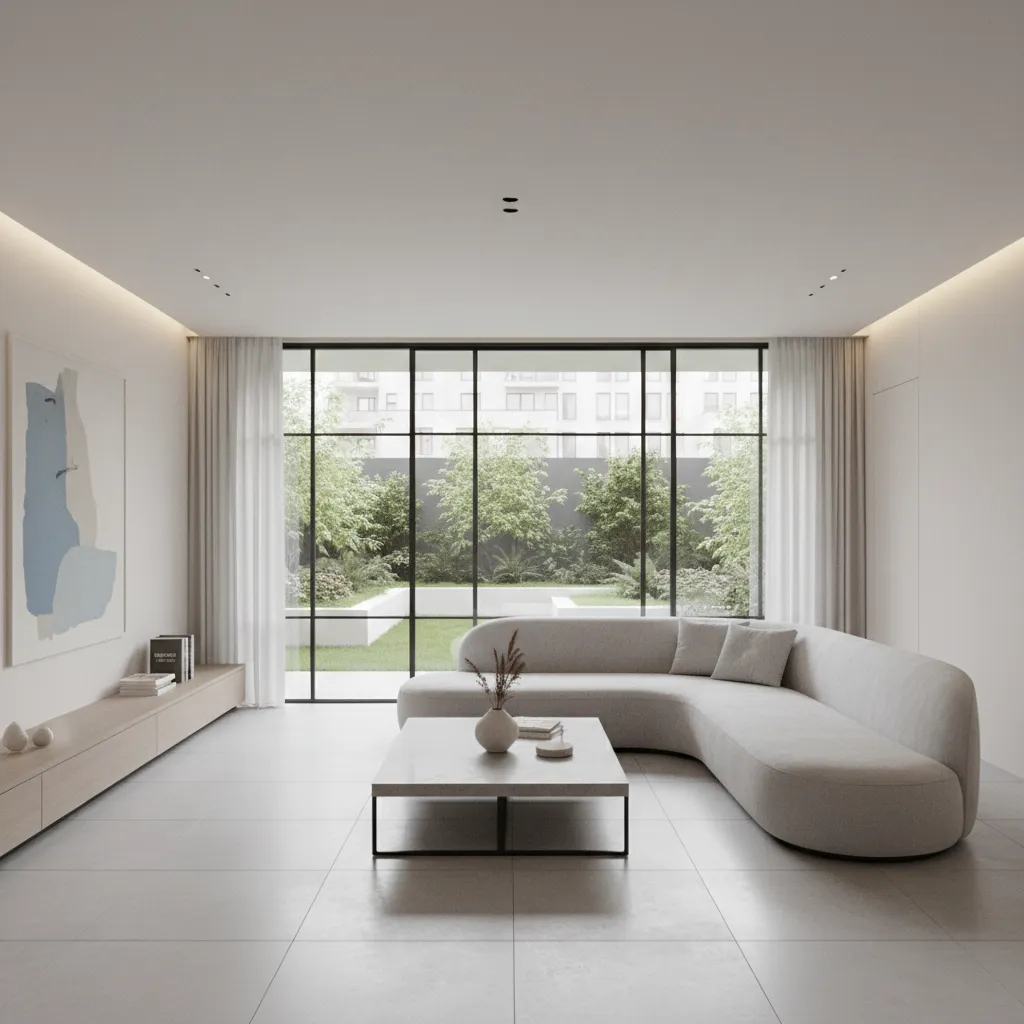 Visualización digital de un salón con muebles de diseño