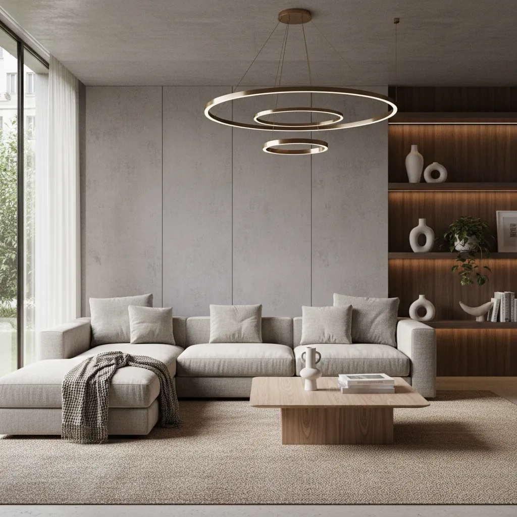 Modern living room with grey sofa wooden coffee table ring ceiling light and wall shelves