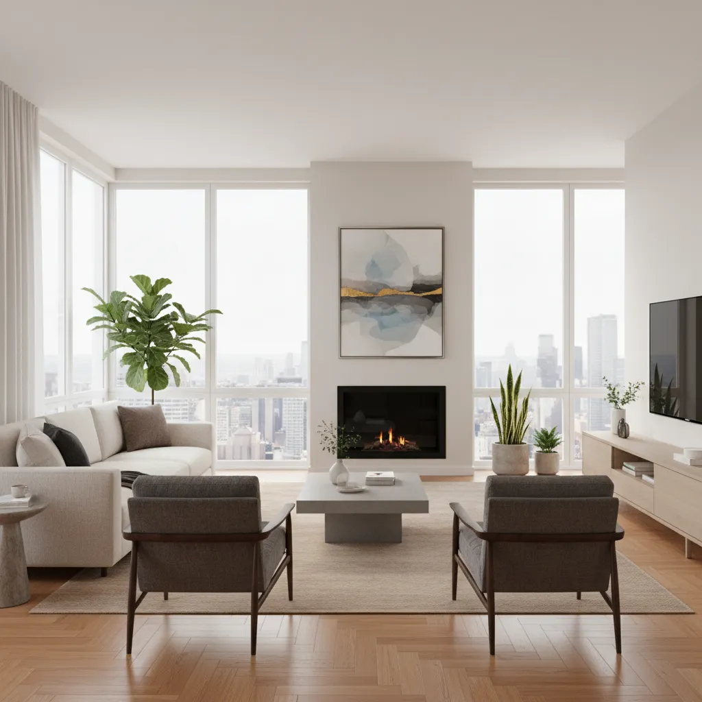 Visualización 3D realista de un salón diseñado digitalmente