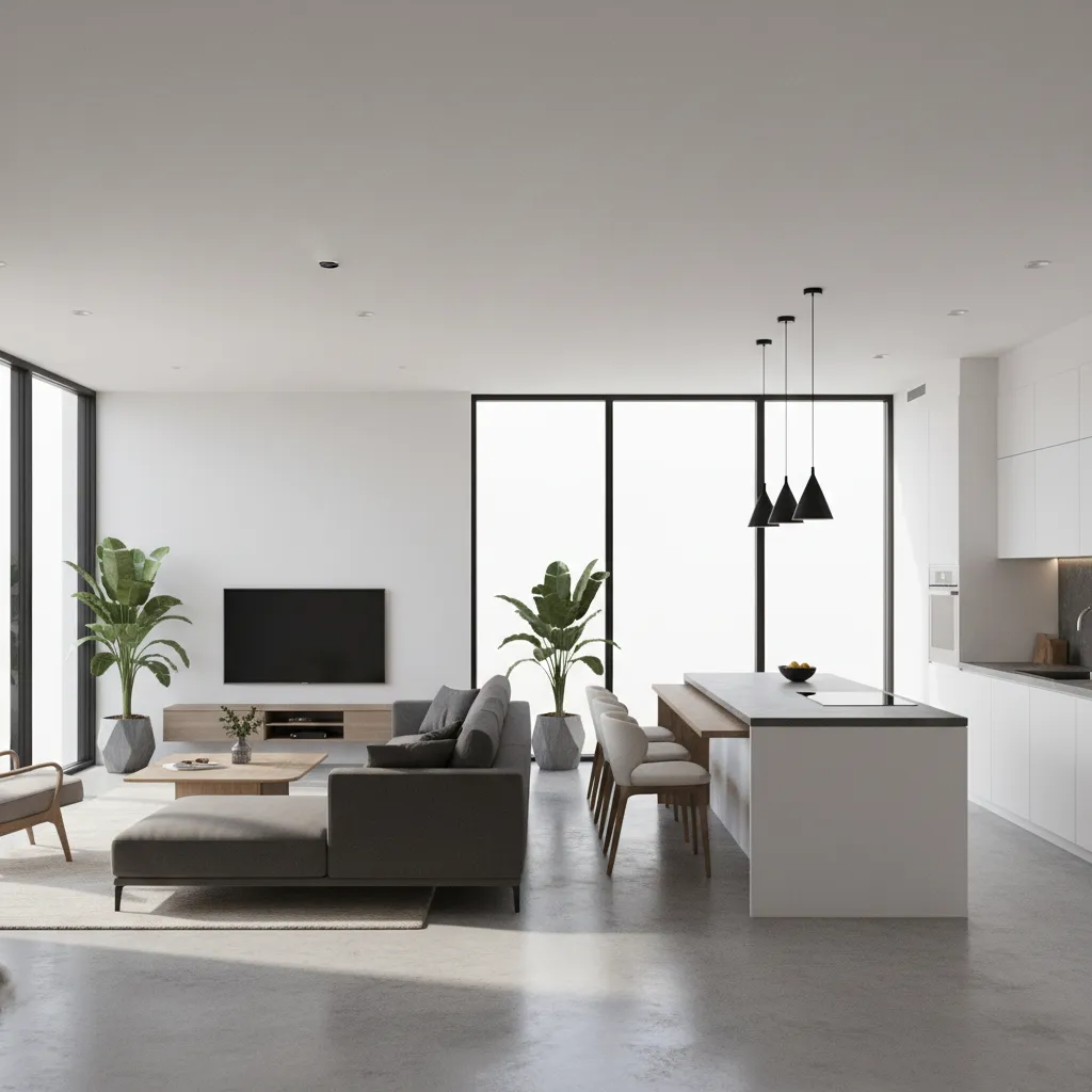 Modern open plan living room with grey sofa kitchen island and three black ceiling lights