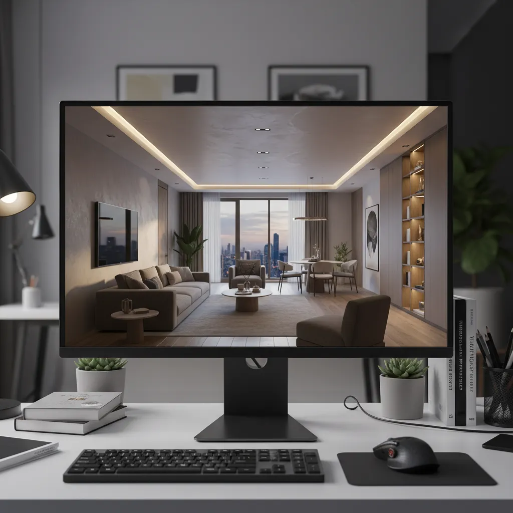 Computer monitor on desk showing high quality interior design drawing of a modern living room