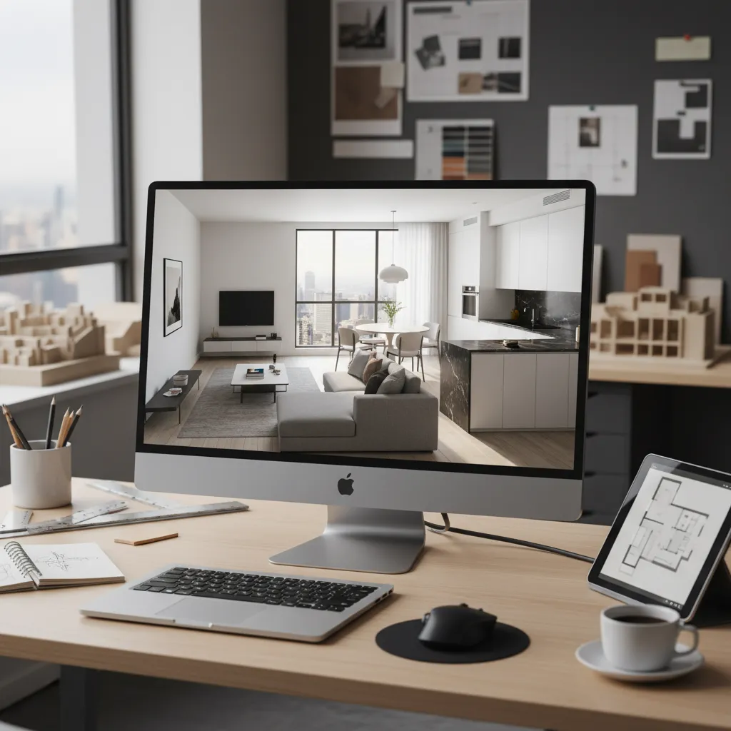 visualización digital de diseño interior mostrando distribución del mobiliario