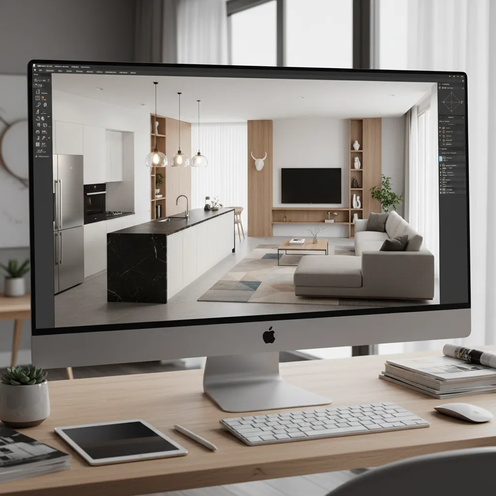 Computer monitor showing an interior design drawing of a modern living room and kitchen layout
