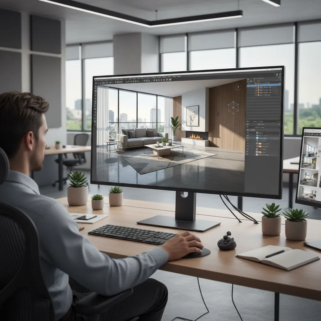 Pantalla mostrando visualización 3D de diseño interior de vivienda