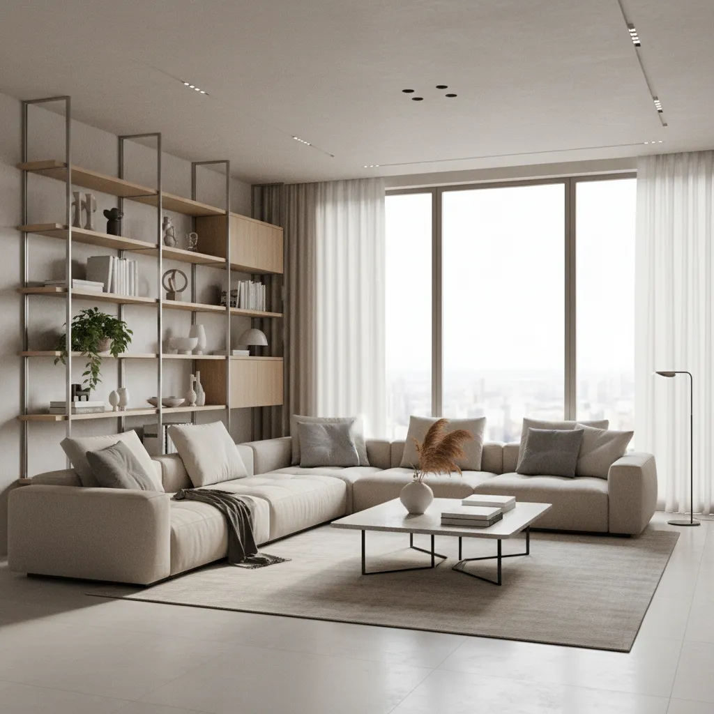 Visualización 3D de un salón moderno con distribución de muebles