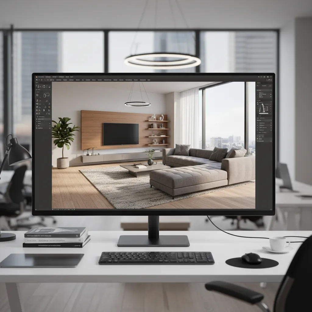 Computer monitor showing interior design drawing of living room with grey sofa and television wall
