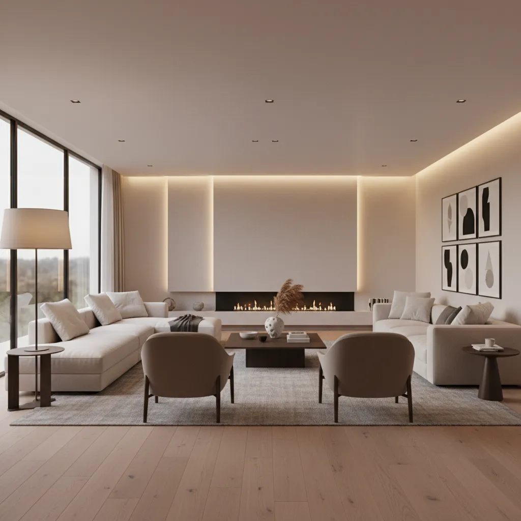 Modern minimalist living room with cream sofas fireplace dark coffee table rug and large window