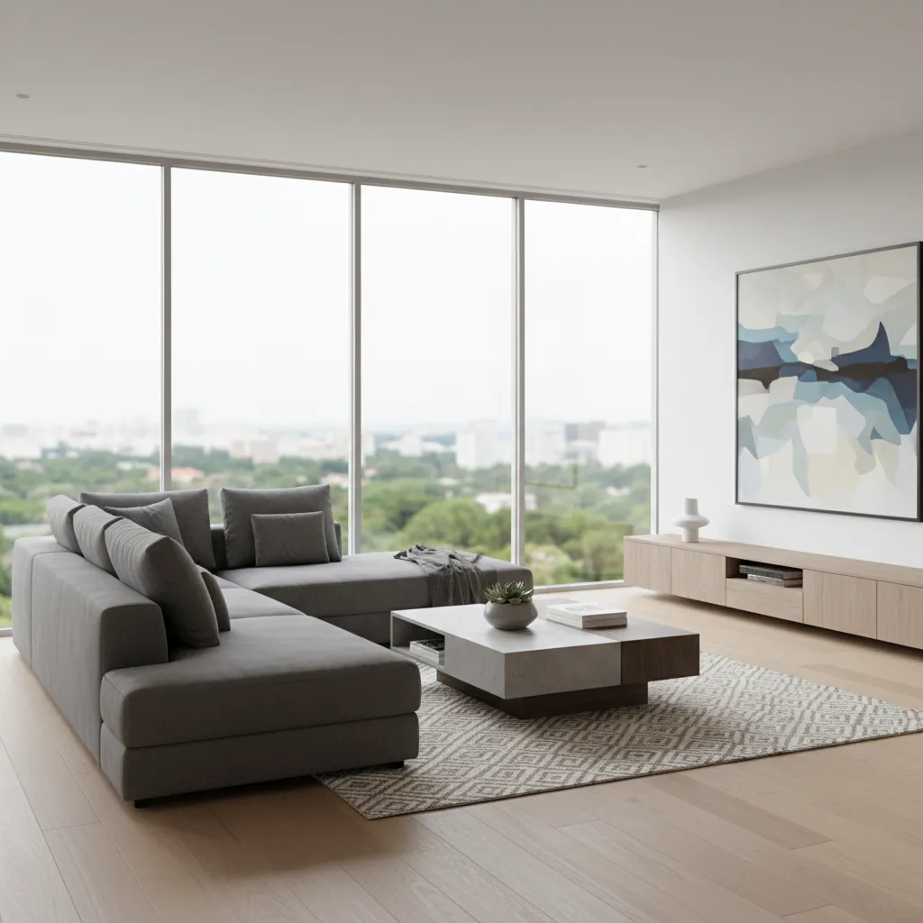 Render realista de salón generado desde software de diseño 3D