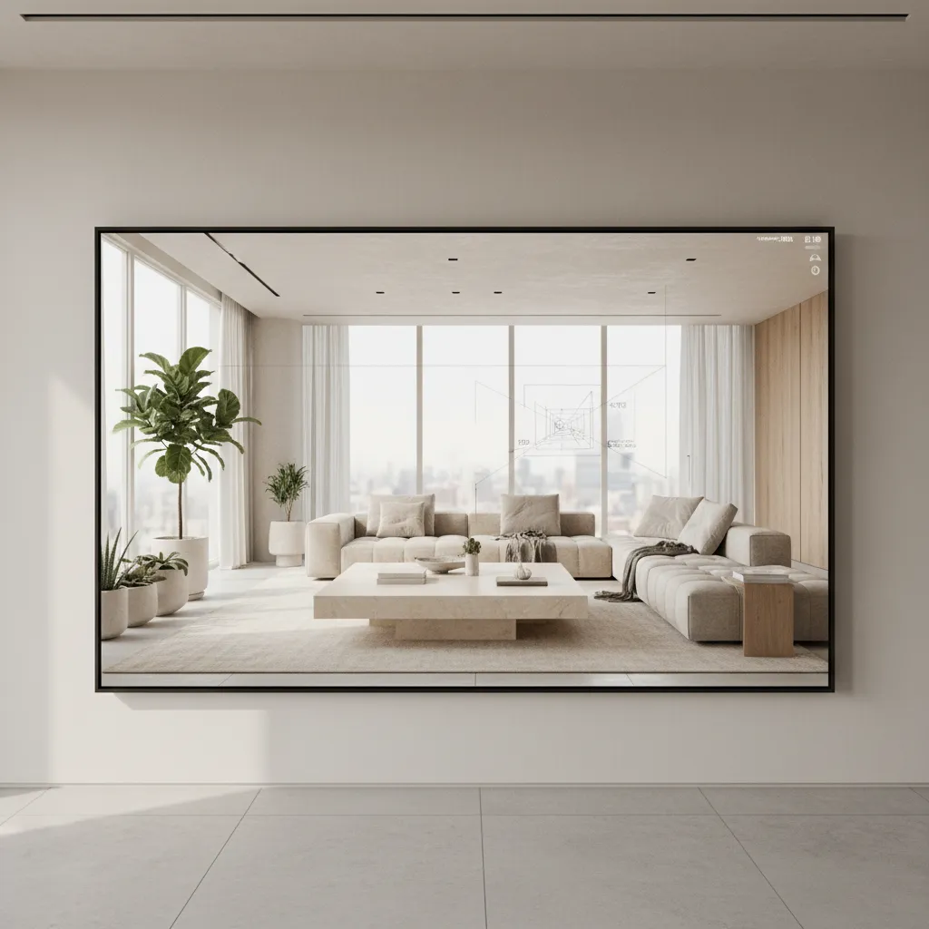 Render 3D realista de un salón moderno en proceso de diseño