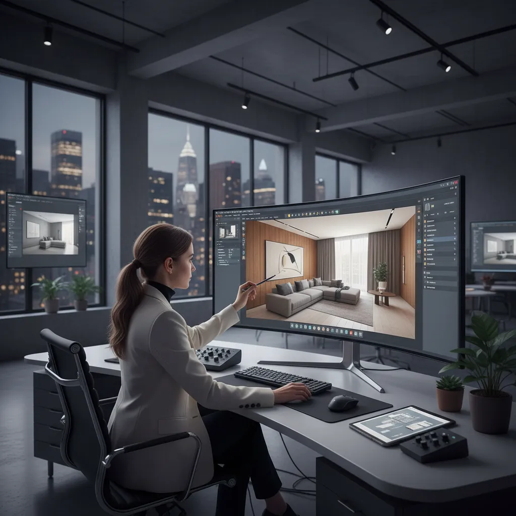 Diseñador visualizando un proyecto de interior en render 3D