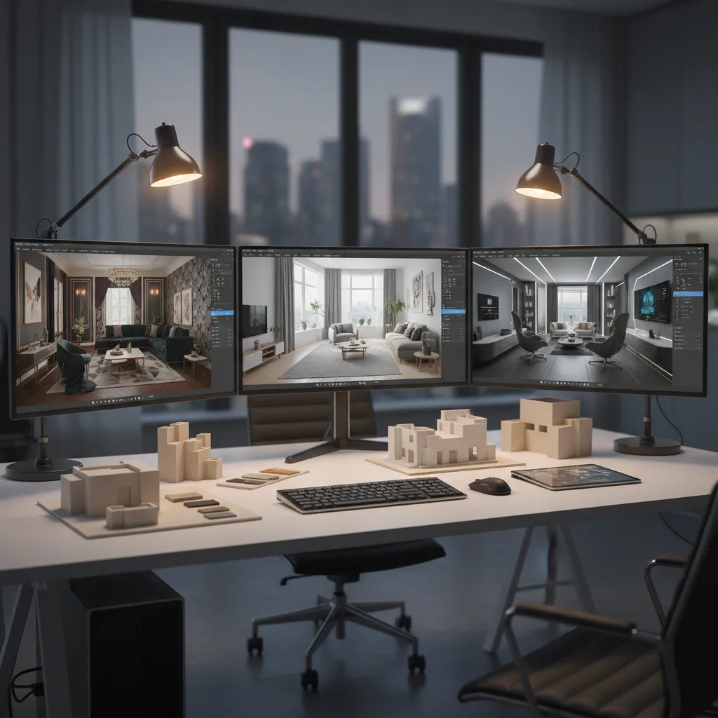 Visualización 3D de un interior doméstico mostrando diferentes estilos