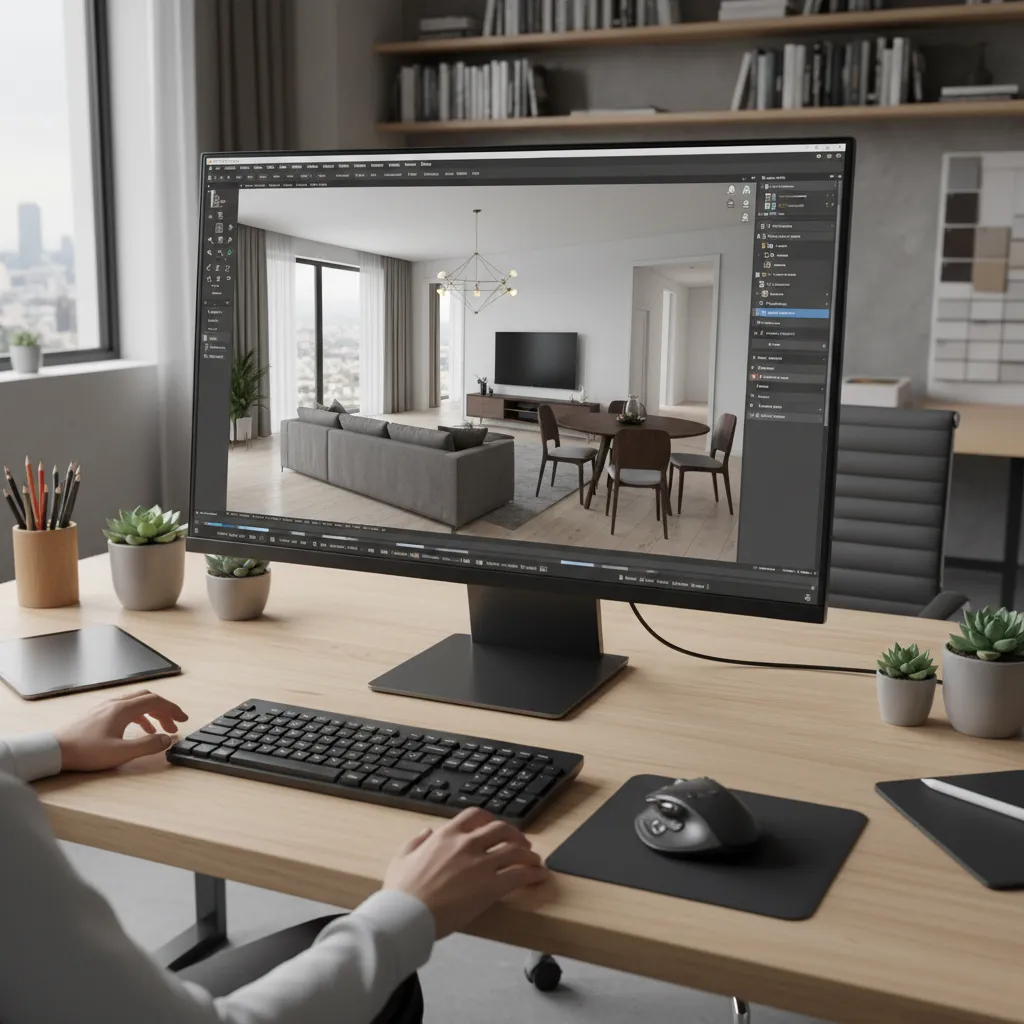Pantalla mostrando visualización 3D de un diseño interior residencial