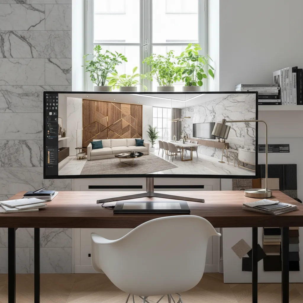 Diseñador revisando visualización 3D de pared decorativa en ordenador