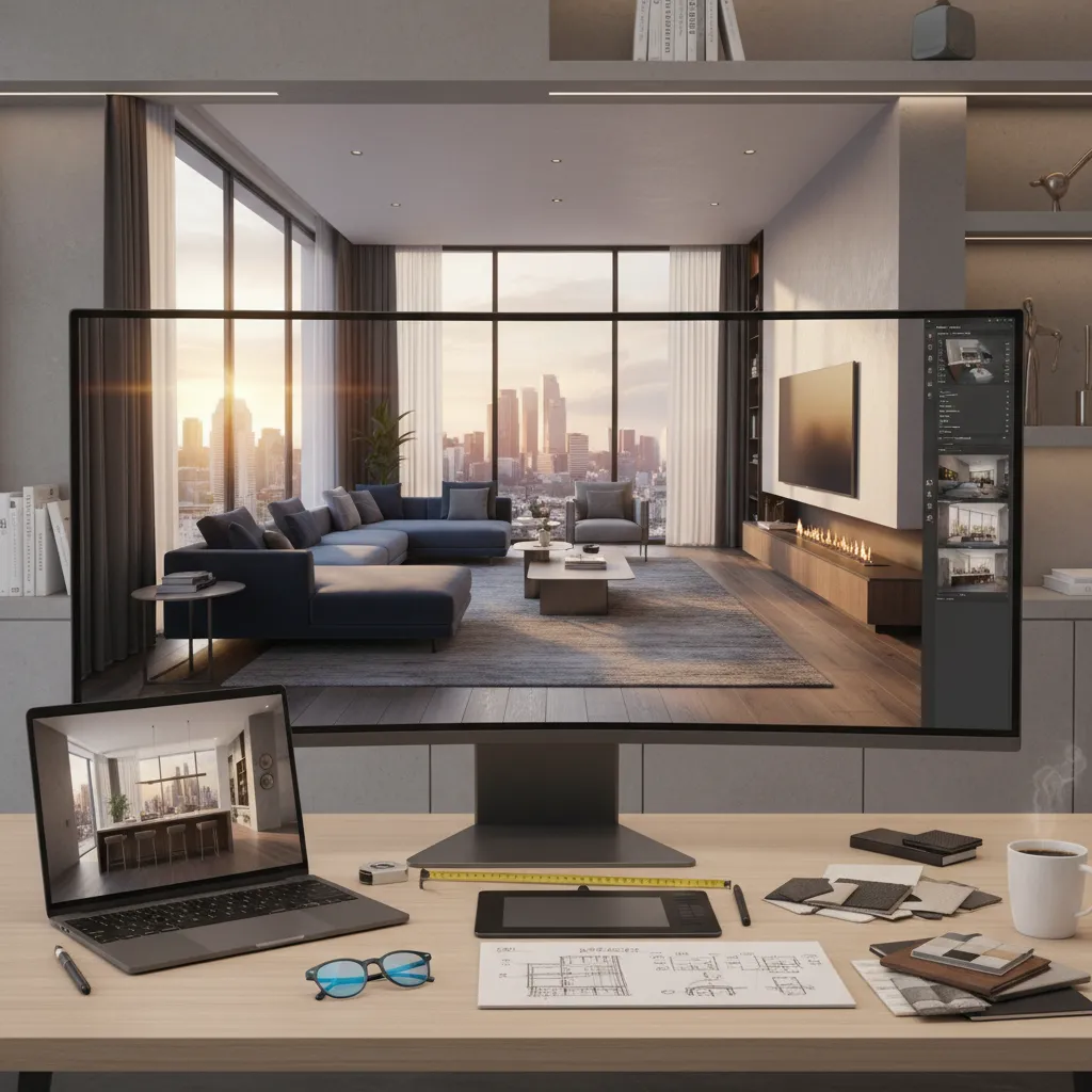 Pantalla mostrando visualización 3D de un diseño interior residencial