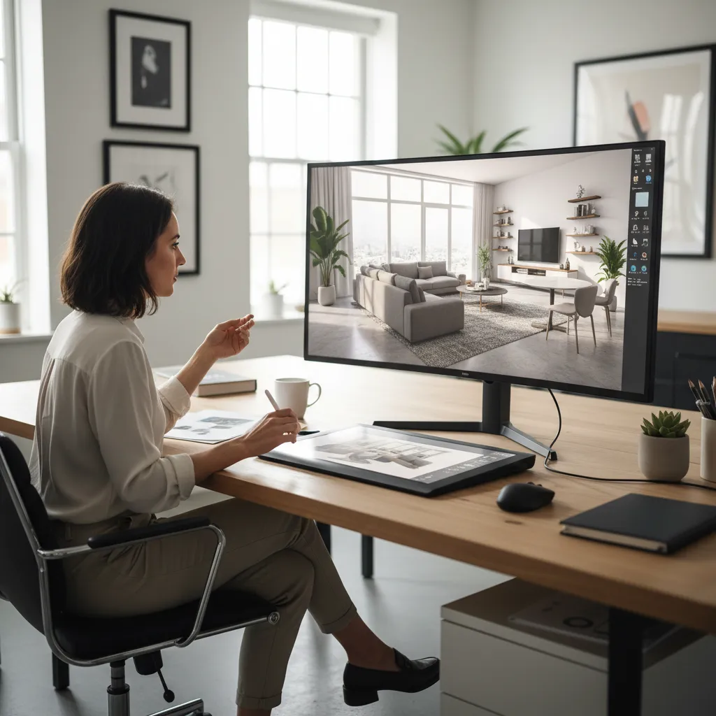 Pantalla mostrando visualización 3D de un proyecto de interiorismo
