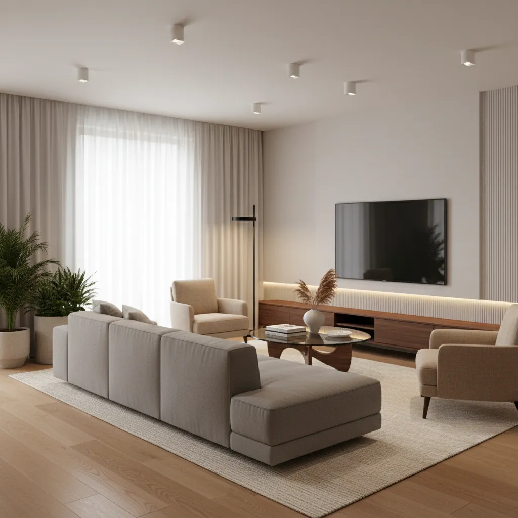 Modern living room with grey sofa wooden cabinet large television white curtains and ceiling lights
