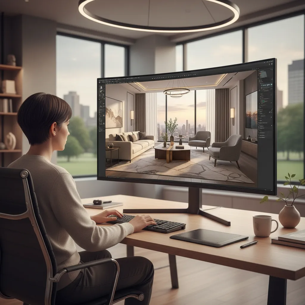 Designer using computer to create interior design drawing of modern living room with large windows