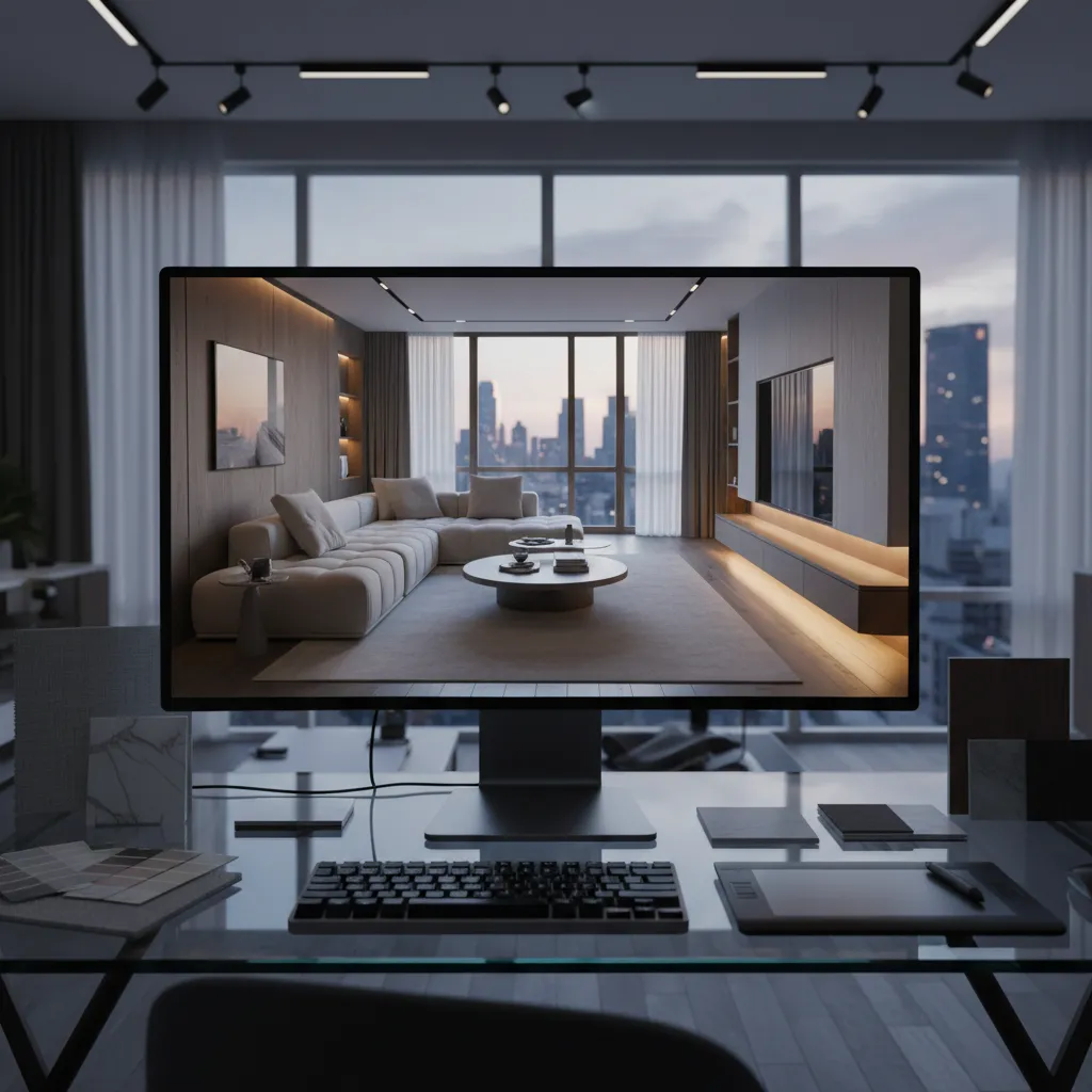 Pantalla mostrando visualización digital de diseño interior moderno