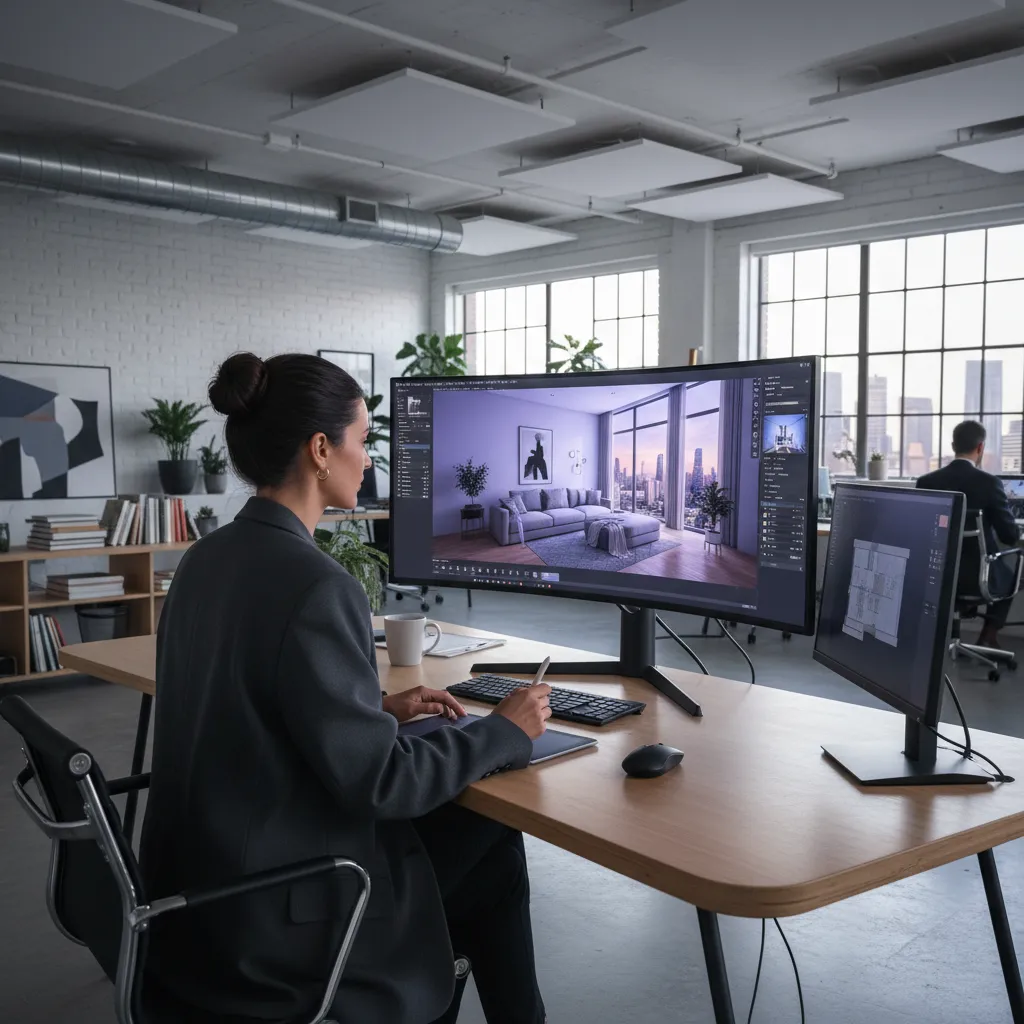 Diseñador revisando una visualización digital de un proyecto de interiorismo