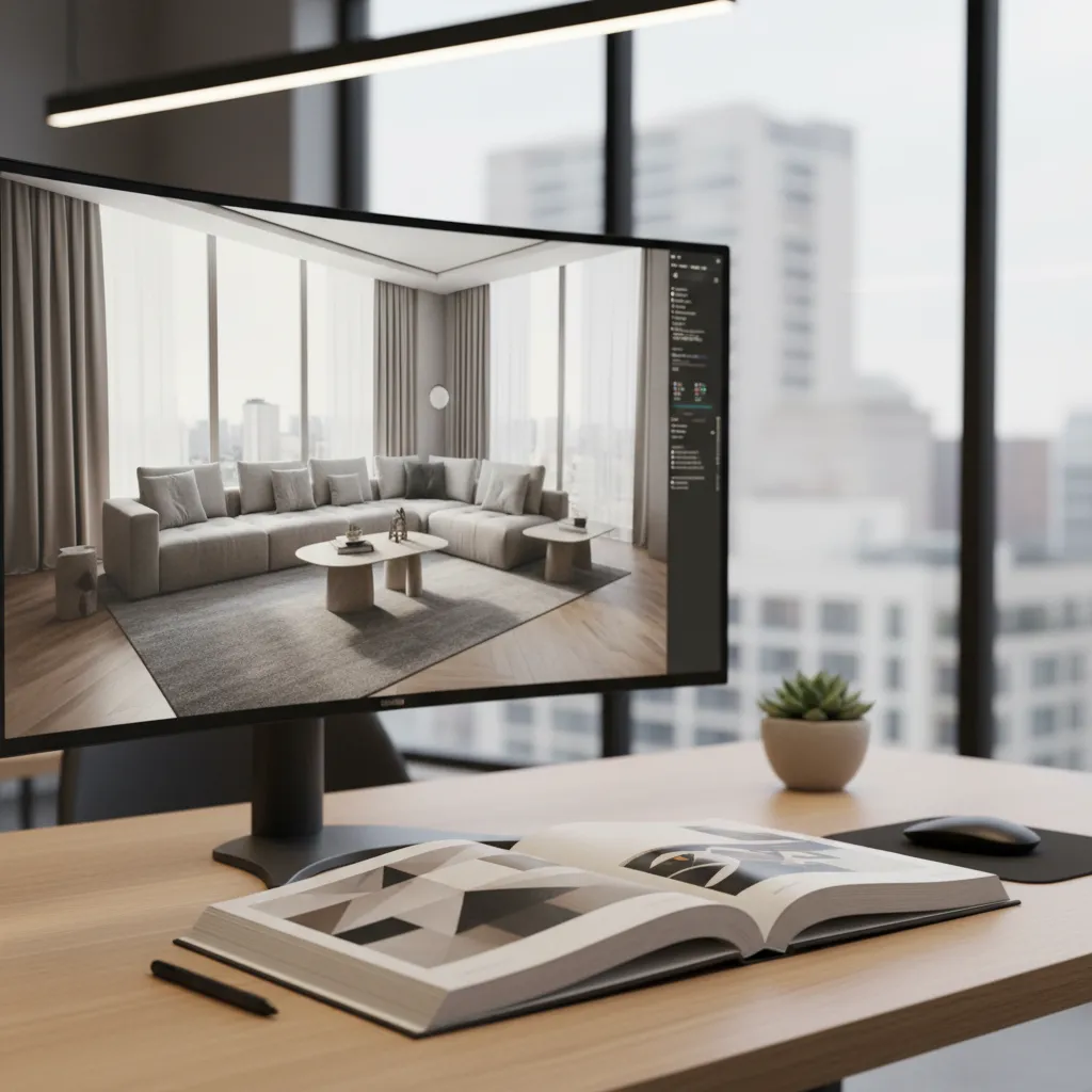 Pantalla mostrando visualización digital de diseño interior junto a un libro