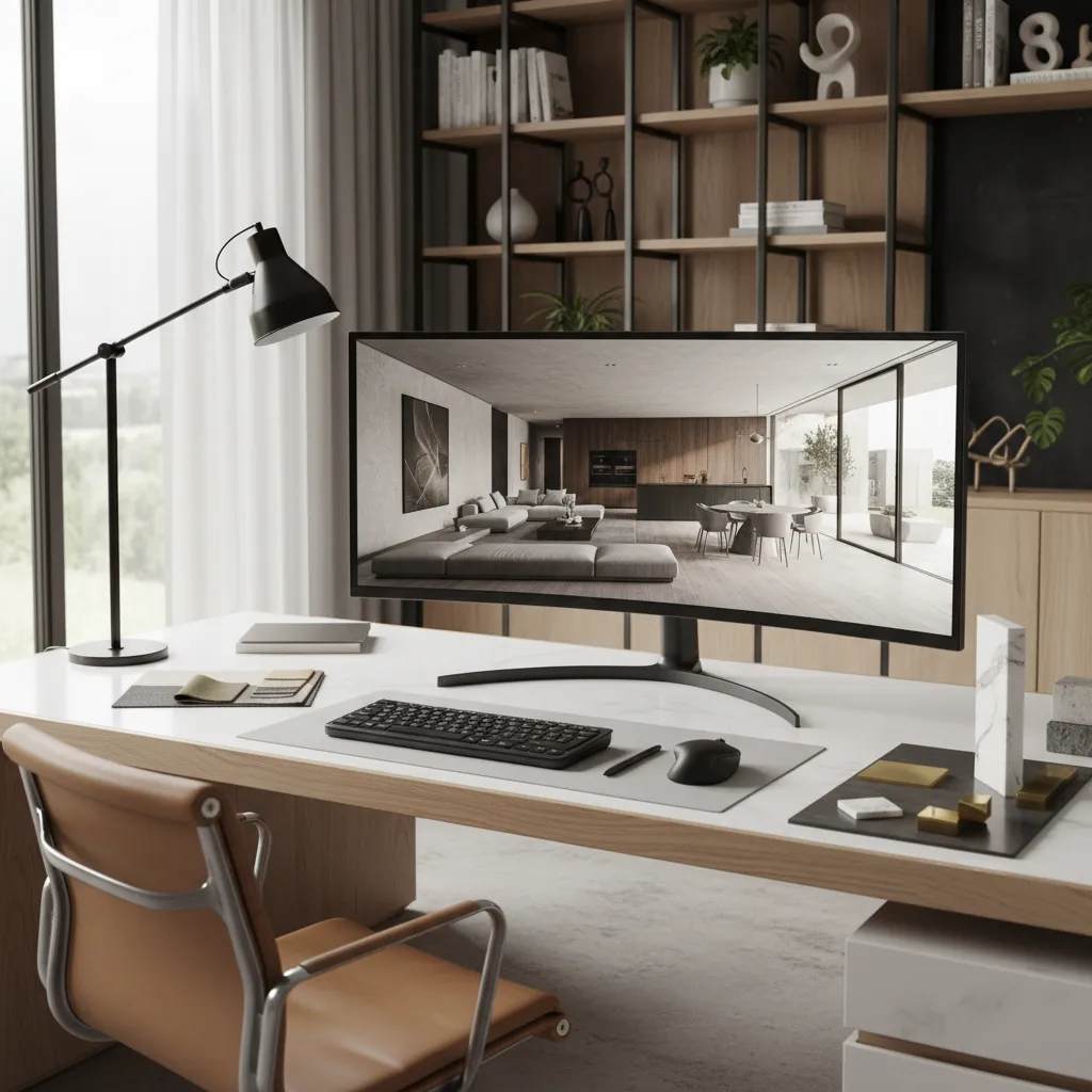 Visualización digital de diseño interior en una pantalla de ordenador