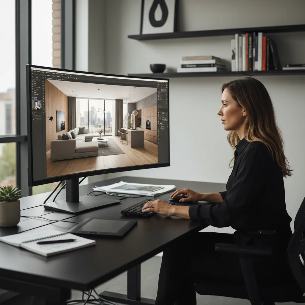 Designer at desk using computer software to create a modern living room interior design drawing