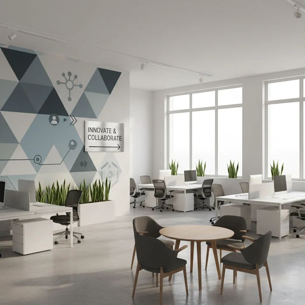 Visualización 3D de un espacio interior con elementos gráficos integrados
