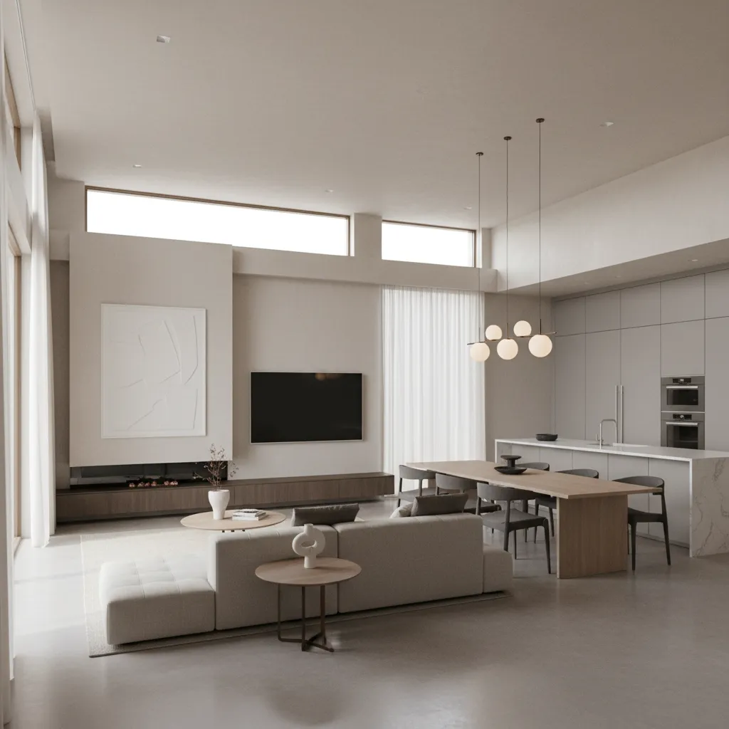 Minimalist living room with sofa wooden dining table white ceiling lights and grey kitchen cabinets