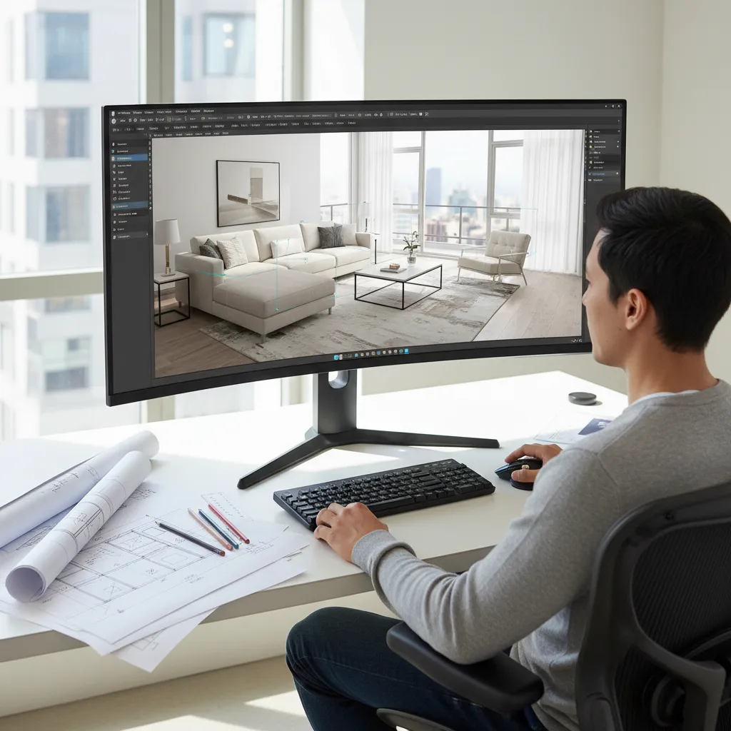 Man using Coohom software to create an interior design drawing of a modern living room