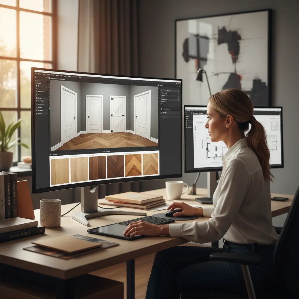 Diseñador visualizando combinaciones de suelo y puertas en un modelo 3D