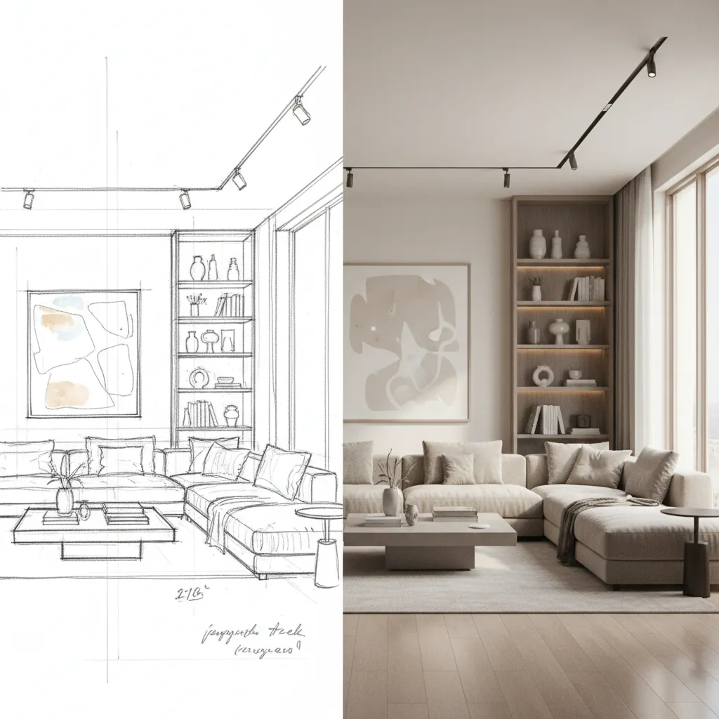 Comparación entre boceto de interior y render final de un salón