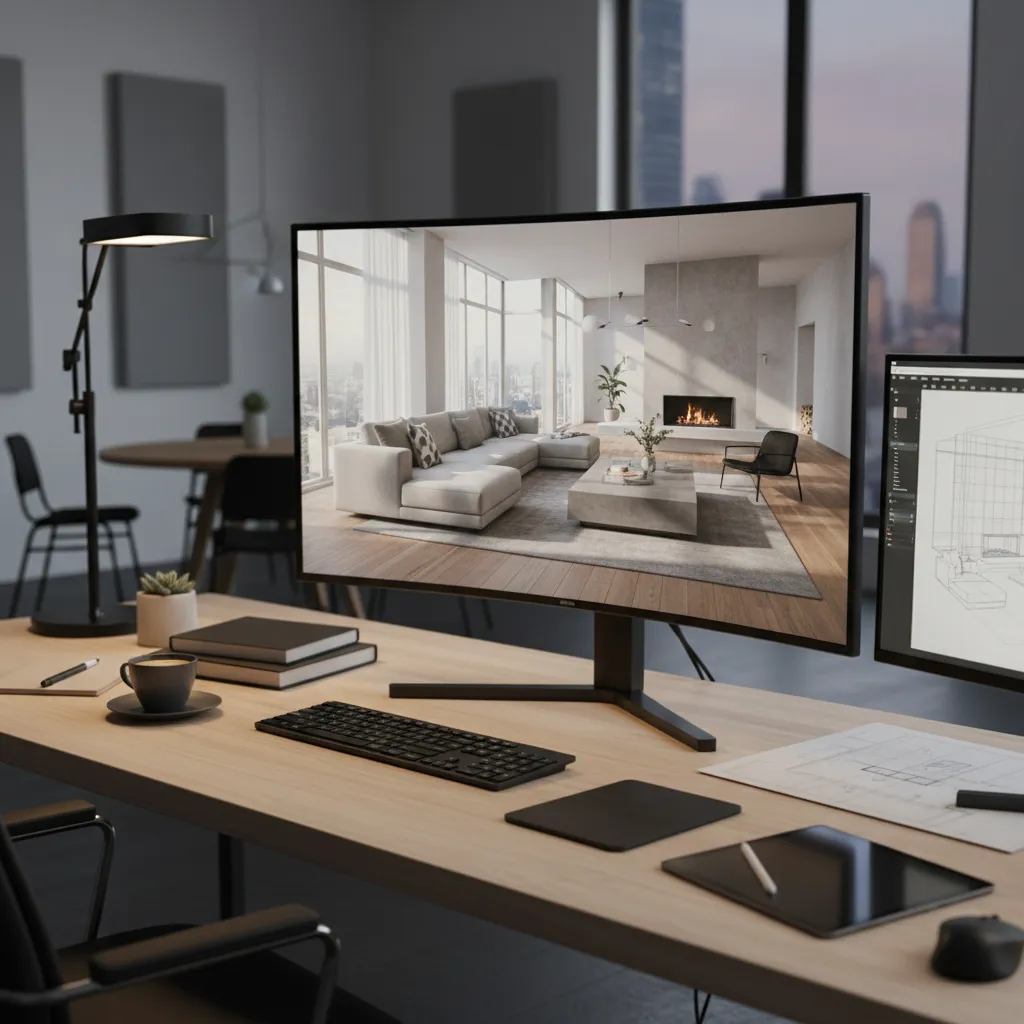 Pantalla mostrando visualización 3D de un salón diseñado digitalmente