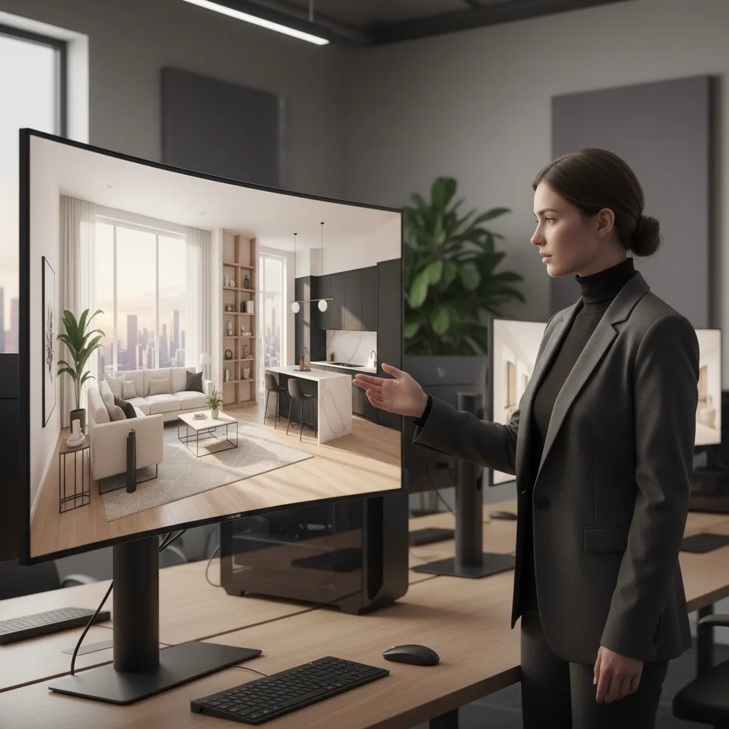 Diseñador revisando visualización 3D de un proyecto interior