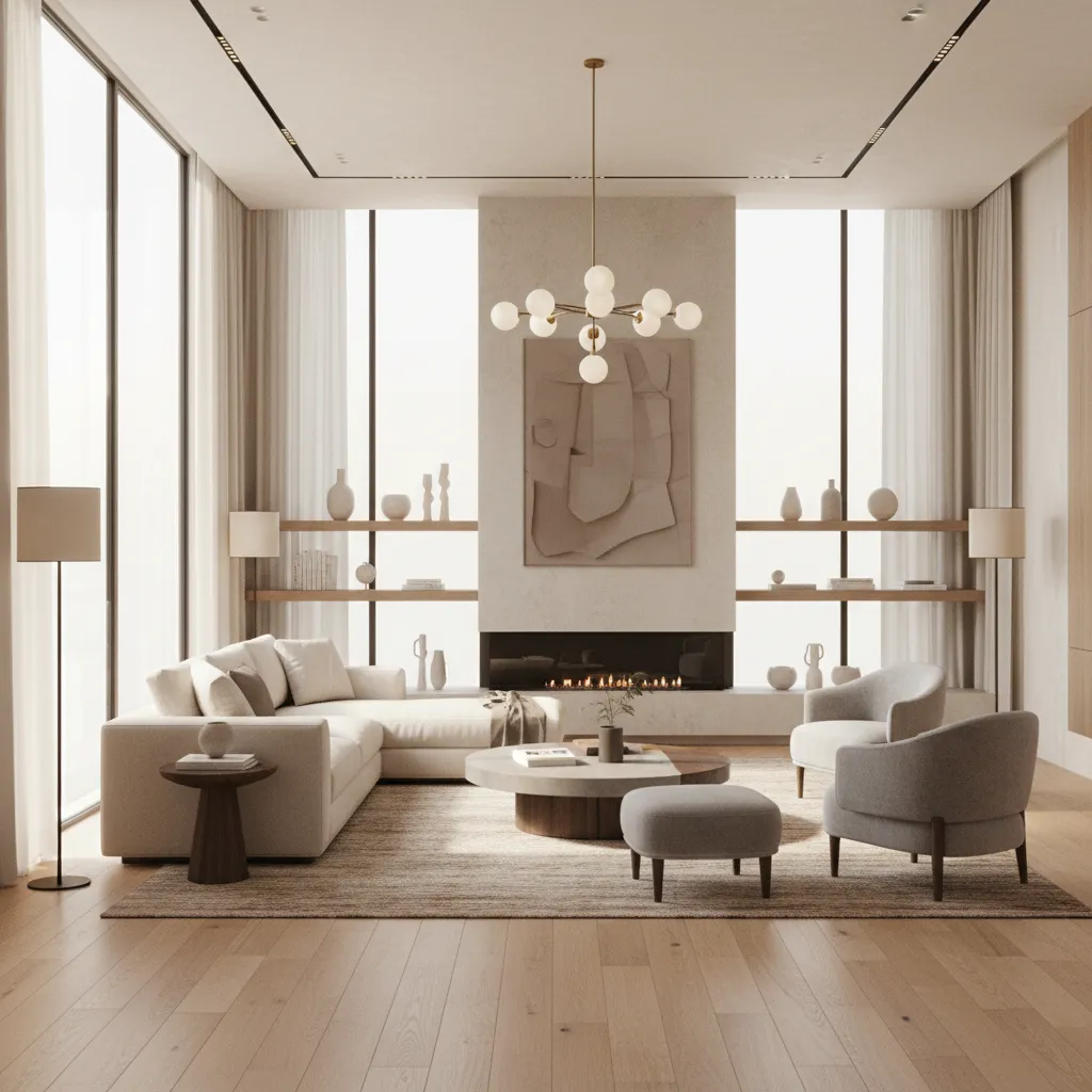 Render 3D realista de sala moderna generado con software de diseño de interiores