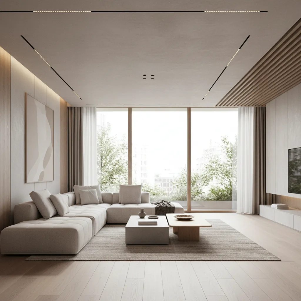 Render 3D realista de una sala moderna diseñada digitalmente