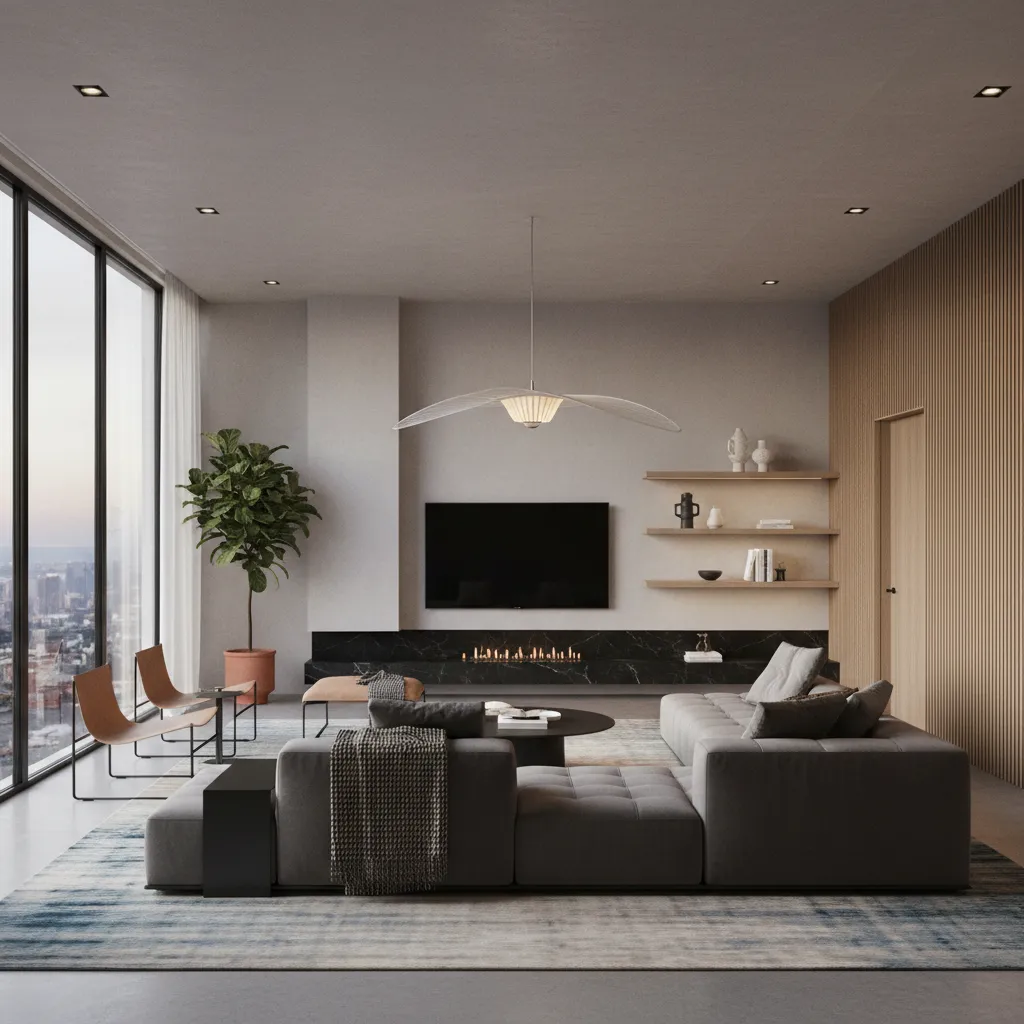 Render 3D de un diseño de interiores mostrando iluminación y materiales