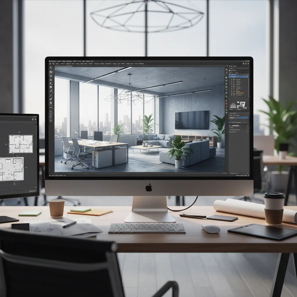 Visualización 3D de diseño interior de oficina en pantalla de ordenador