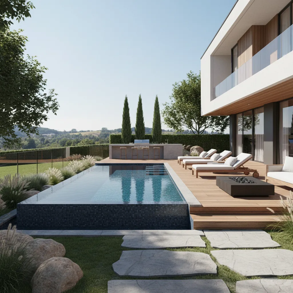 Visualización 3D de diseño de piscina en jardín residencial