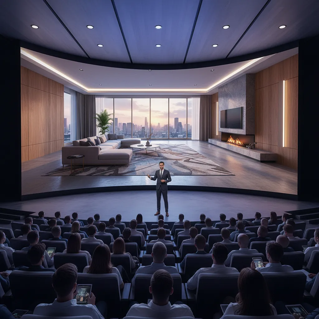 Diseñador mostrando visualización 3D de un interior durante una presentación