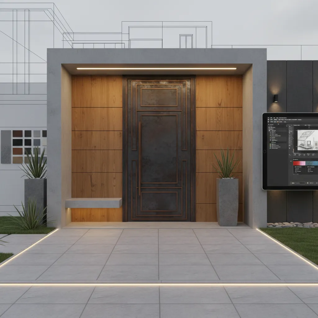 Visualización digital del diseño de una puerta de hierro en fachada