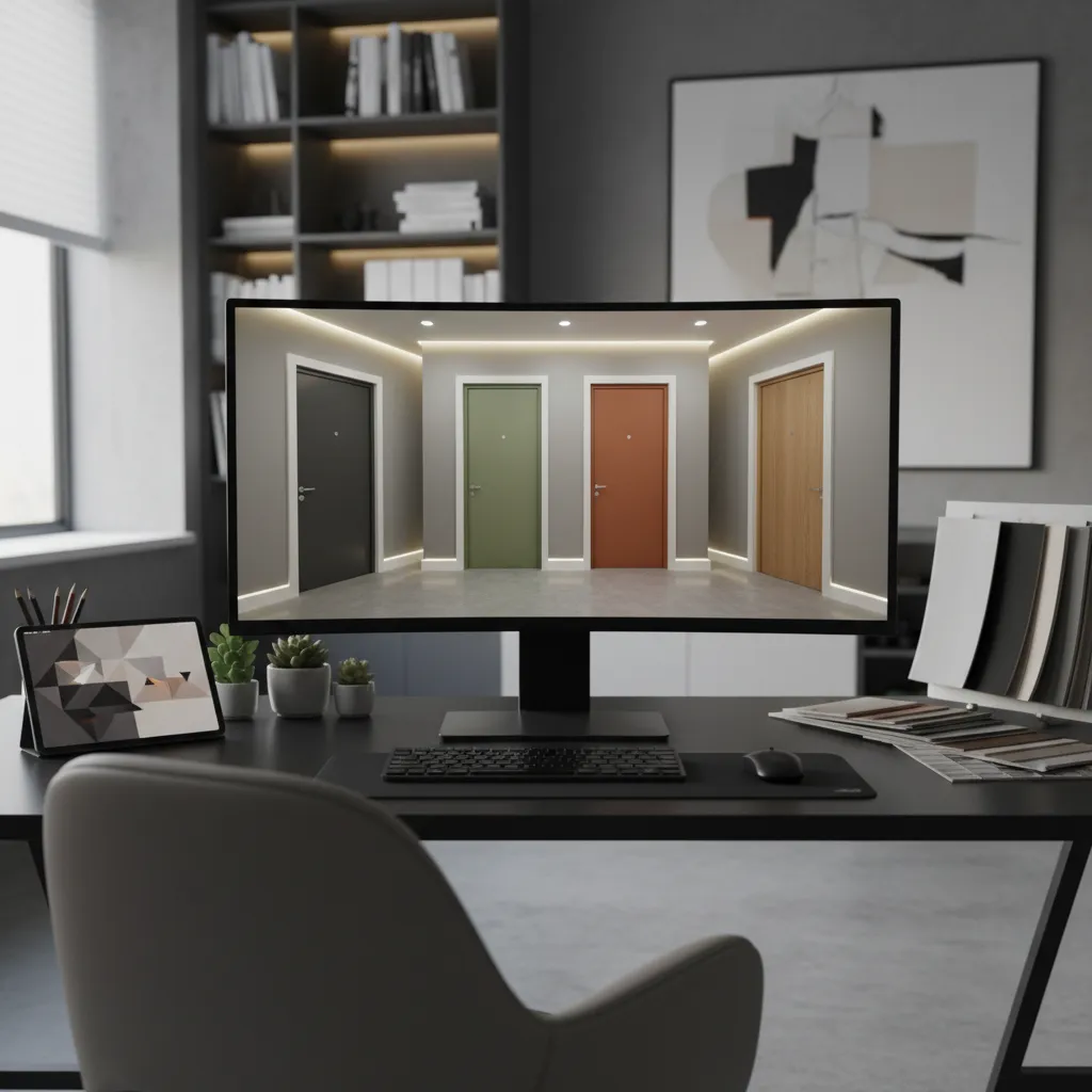 Interior design drawing on computer screen showing four colorful doors in a modern home office
