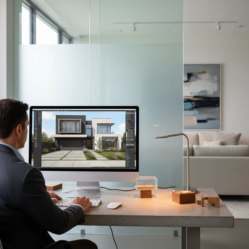 Designer working on a computer screen showing a modern house exterior with a grey garage