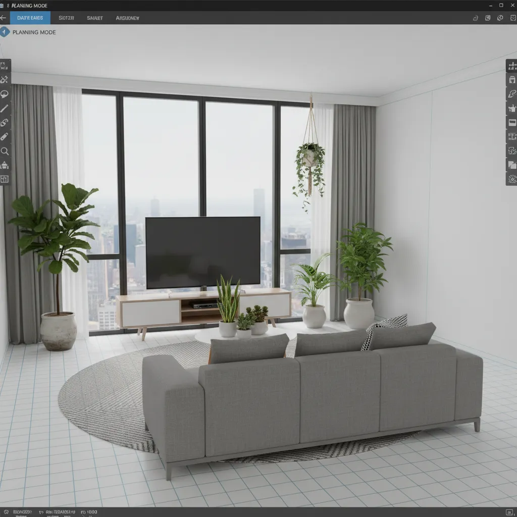 Visualización 3D de un salón con plantas de interior