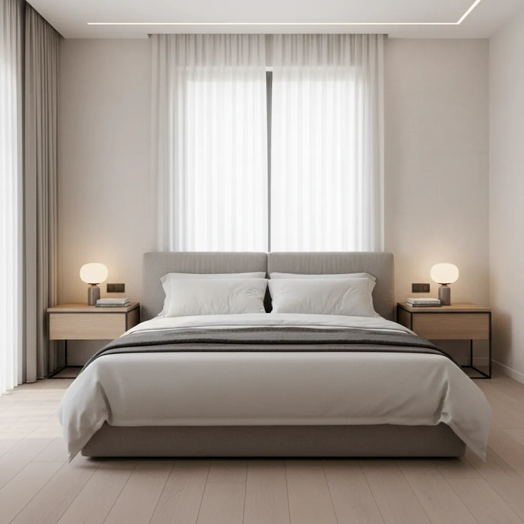 Render 3D de dormitorio mostrando mesa de luz y distribución