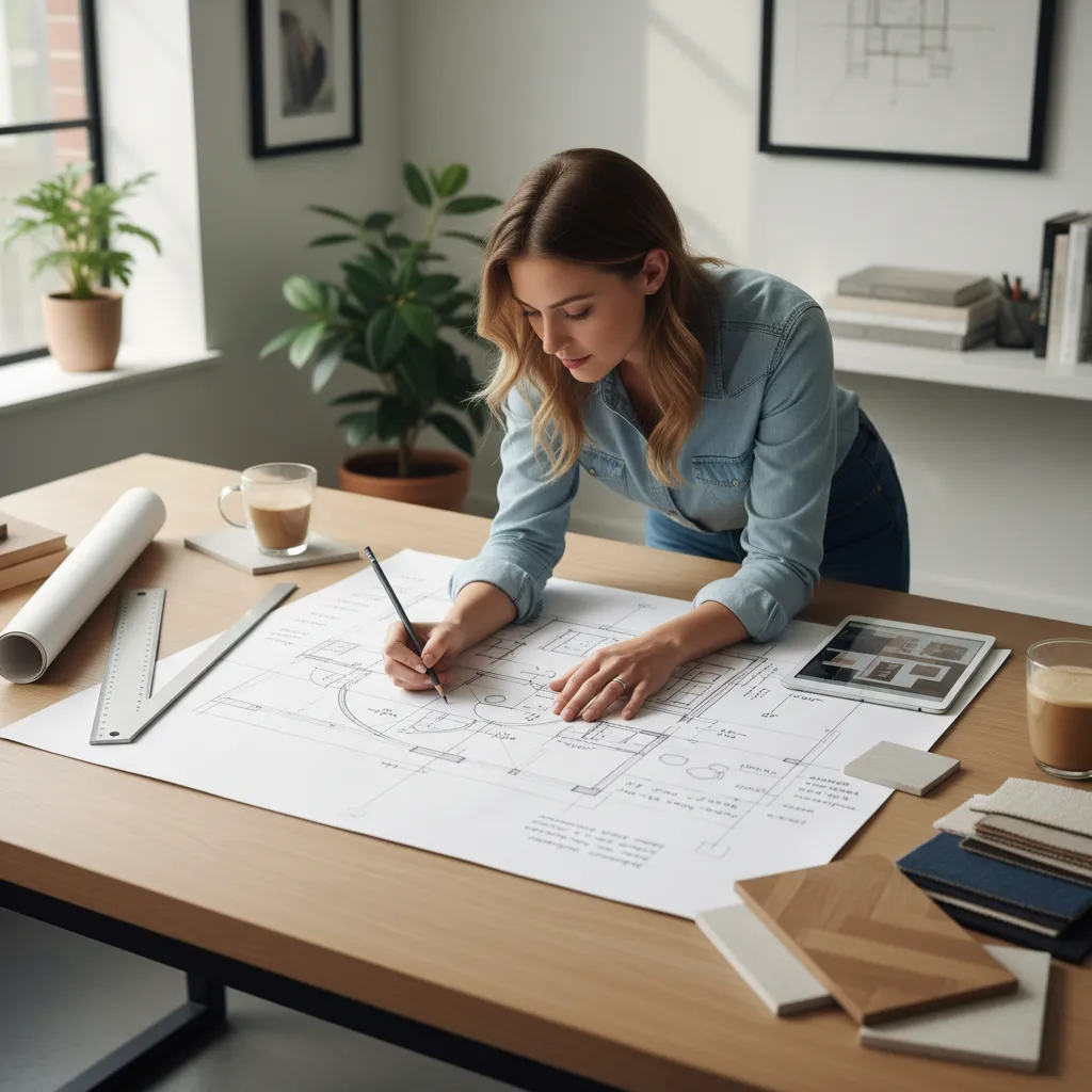 Boceto de distribución interior sobre plano arquitectónico